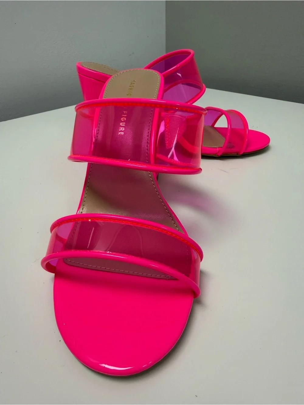 Fashion to Figure Neon Hot Pink Clear-Strap Slide Mules - Berlynne